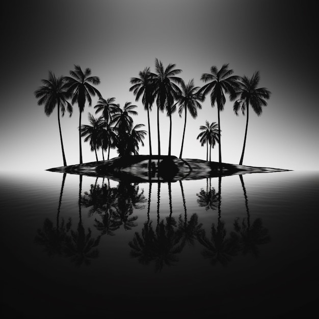 A black and white image of palm trees and a small island with a small island in the middle