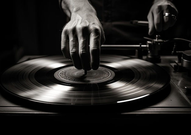 A black and white image of a person's hands delicately placing a vinyl record on a turntable