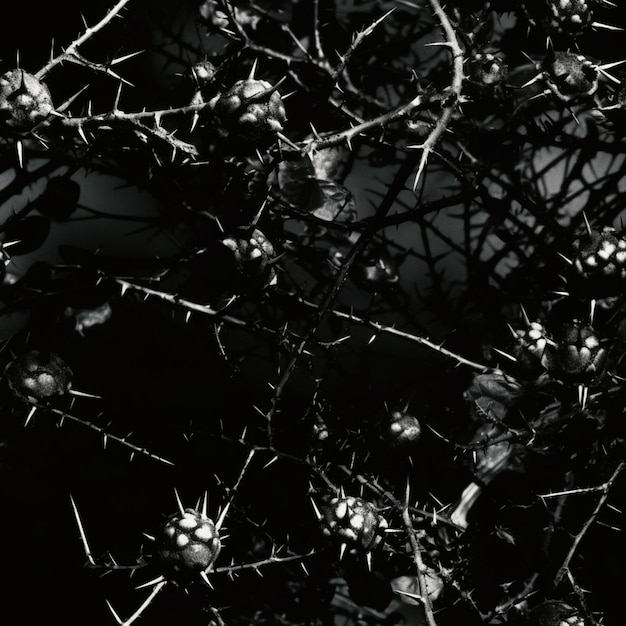 Черно-белое изображение растения с шипами и словом "на нем"