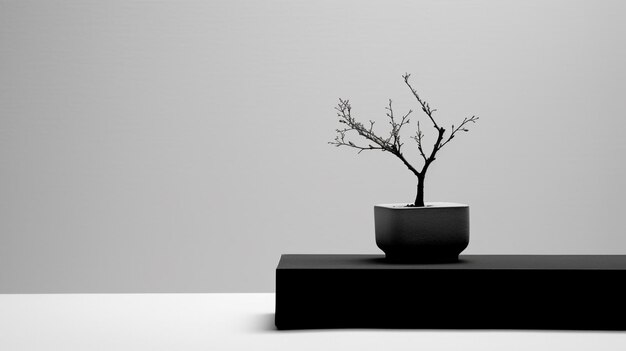 A black and white image of a planter with a tree in it.