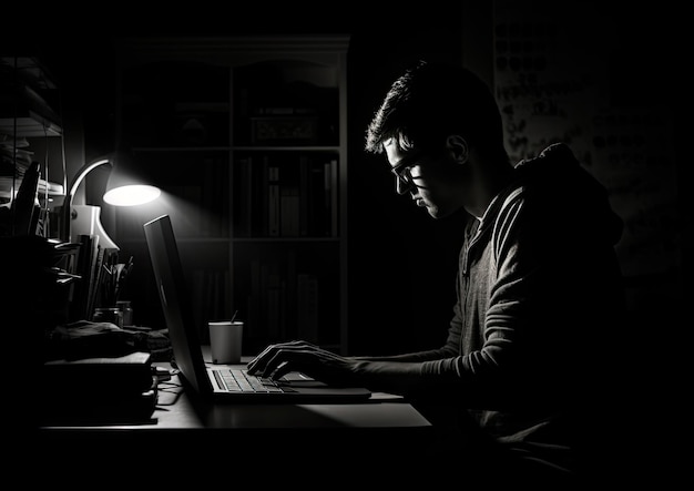 A black and white image of a programmer sitting alone in a dimly lit room with a single desk lamp
