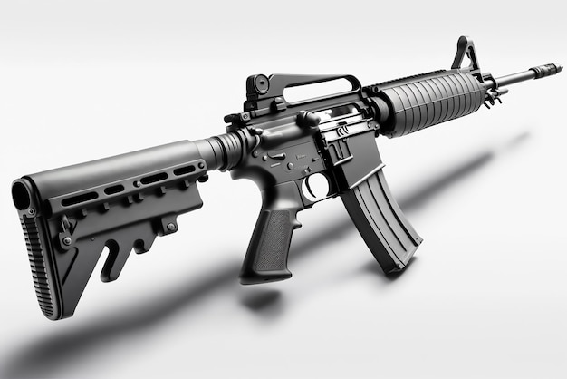 A black and white image of a rifle