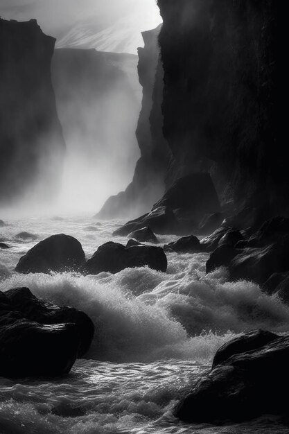 A black and white image of a river with the word river on it