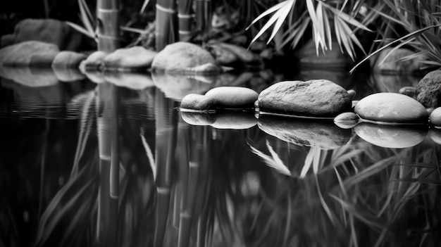 A black and white image of rocks in a pond with bamboo trees in the background.