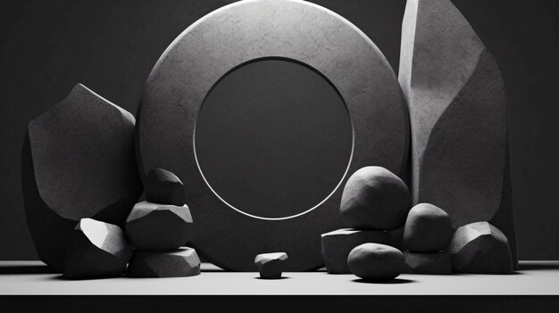 A black and white image of rocks and a round object.