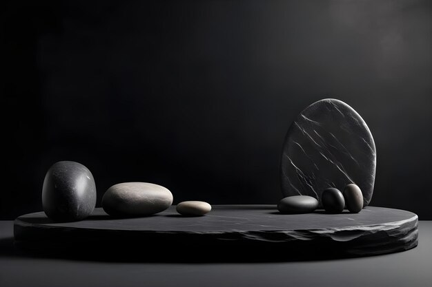 A black and white image of rocks and a round plate with a round plate.