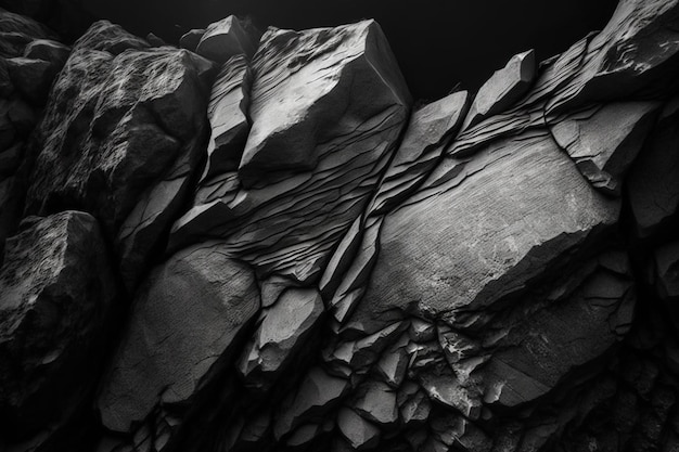 A black and white image of a rocky landscape with a black background and the words'rock'on the bottom.