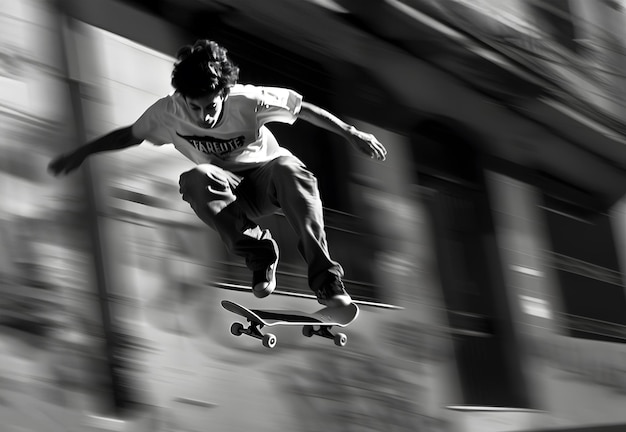 Foto immagine in bianco e nero di uno skateboarder che salta in aria