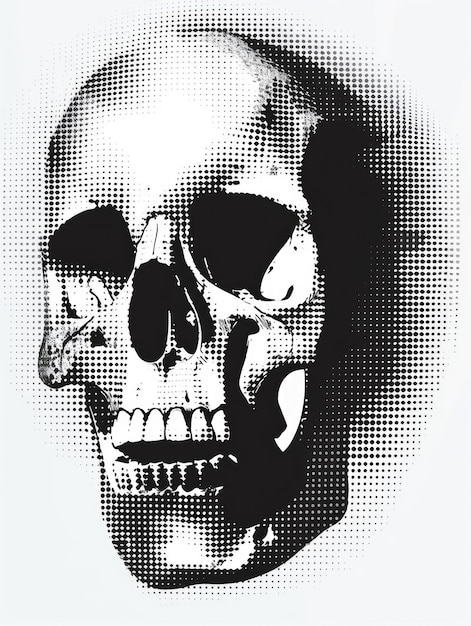 白い背景に頭蓋骨のダブルトーン ハーフトーン パターンの白黒画像