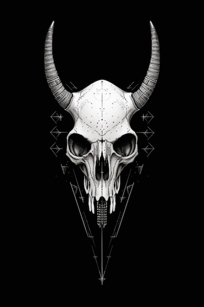 A black and white image of a skull with horns on it generative ai