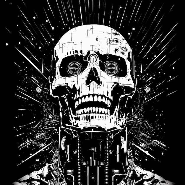 a black and white image of a skull with a sci fiorer on it generative ai