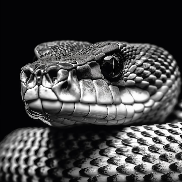 Photo a black and white image of a snake with a black background.