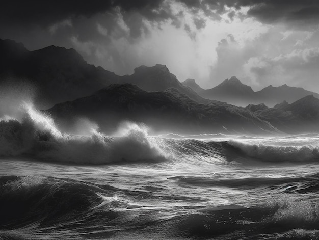 A black and white image of a stormy ocean with mountains in the background.