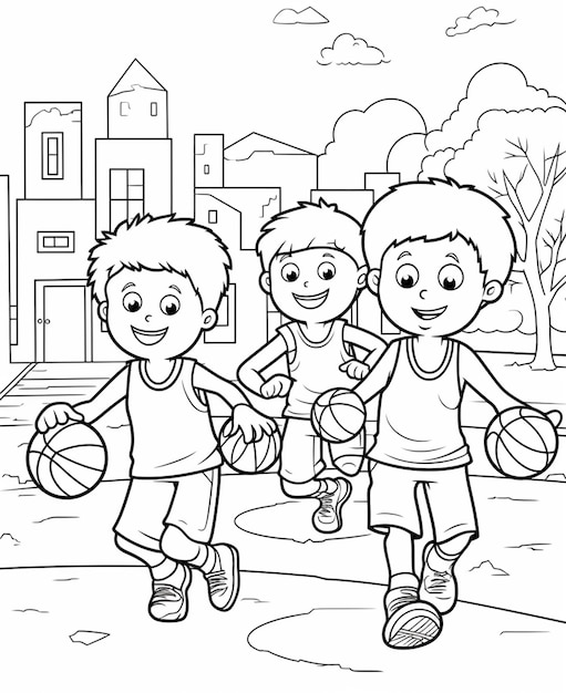 농구를 하는 세 어린이의 흑백 이미지 생성 ai