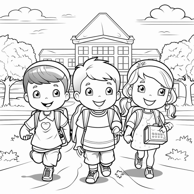 Foto un'immagine in bianco e nero di tre bambini in piedi davanti a un edificio scolastico generativo ai