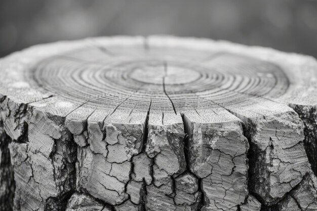 Photo black and white image of a tree stump with many cracks on its surface