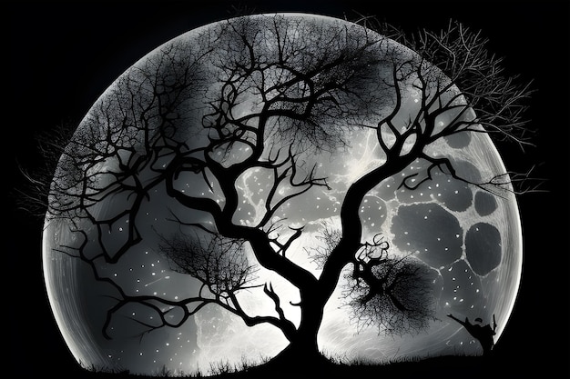 Photo a black and white image of a tree with the moon in the background.