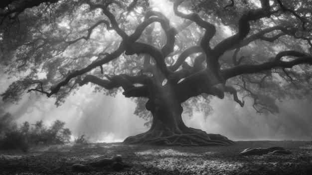 오크라는 단어가 있는 나무의 흑백 이미지.
