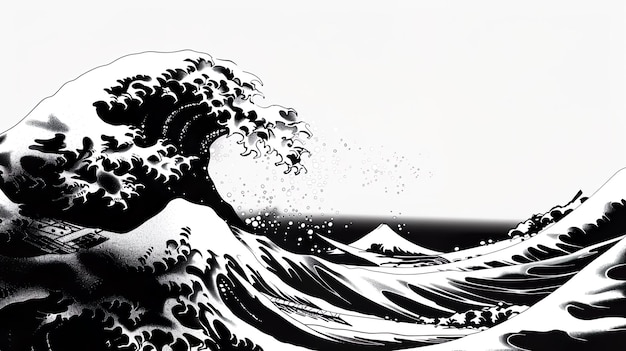 A black and white image of a wave crashing on a shore