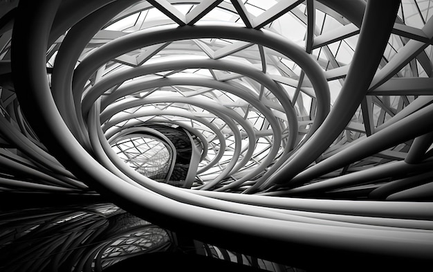 Photo a black and white image which has thin and wires in the style of futuristic architecture