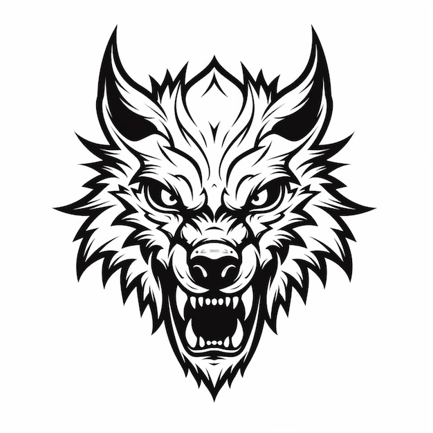 a black and white image of a wolfs head with fangs generative ai