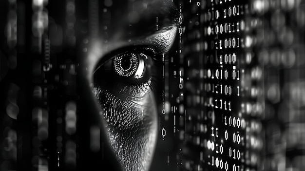 A black and white image of a womans eye with a binary code pattern overlay The eye is looking at the camera with a serious expression