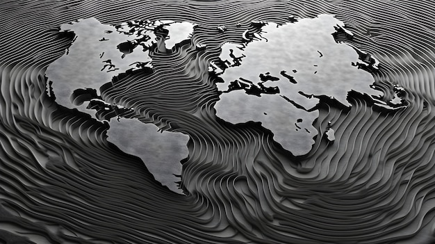 A black and white image of a world map on a black surface.