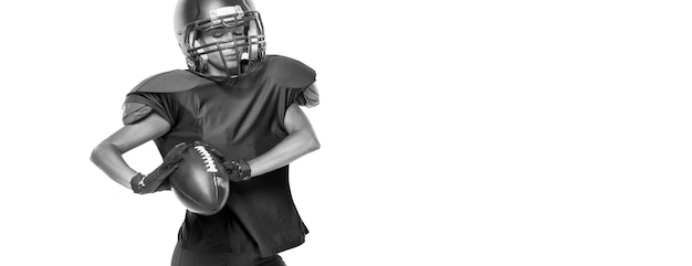 Black and white images of a sports girl in the uniform of an American football team player. Sports concept. White background. Mixed media