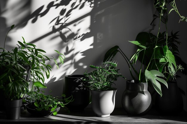 black and white interior design green foliage and pot plants minimalism