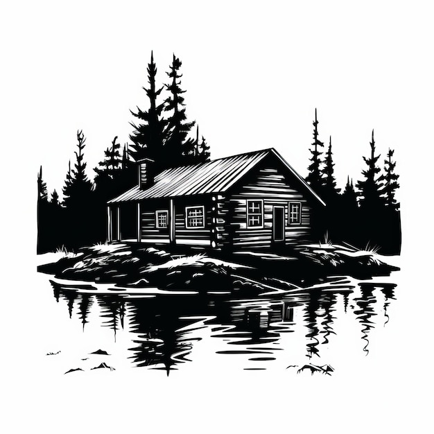 Black And White Isolated Cabin By The Water Vector Art