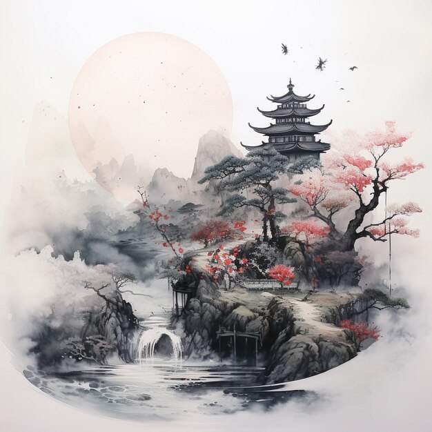 Black and White Japanese Tree Ink Wash Painting