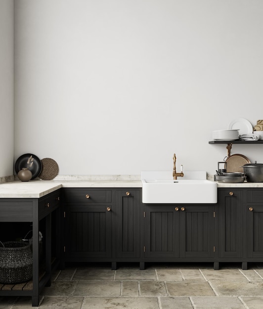 Black white kitchen interior with sink furniture dishes and decor