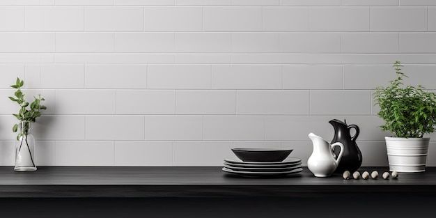 Photo black and white kitchen with ceramic dishes on the counter