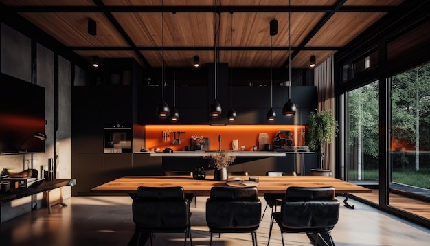 A black and white kitchen with a wooden table and chairs.