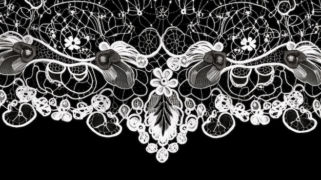 A black and white lace with two butterflies on it.