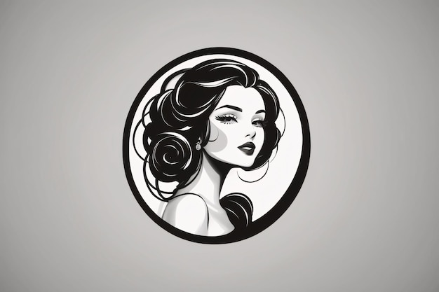 Black and white lady woman flat illustration in circle logo portrait with flower botanical element