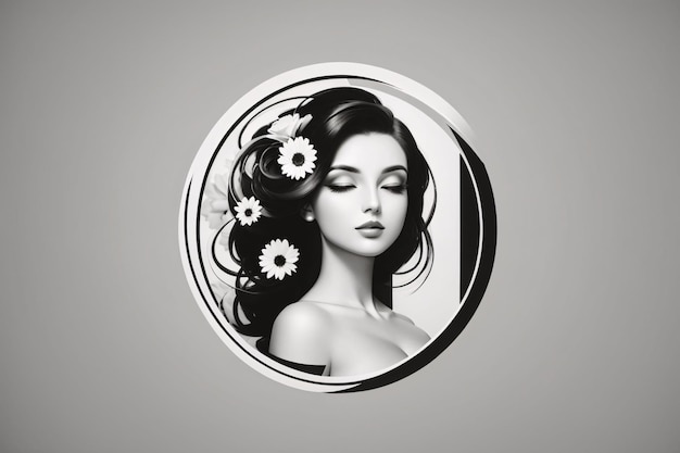 Black and white lady woman flat illustration in circle logo portrait with flower botanical element