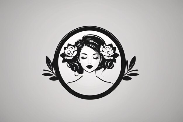 Photo black and white lady woman flat illustration in circle logo portrait with flower botanical element