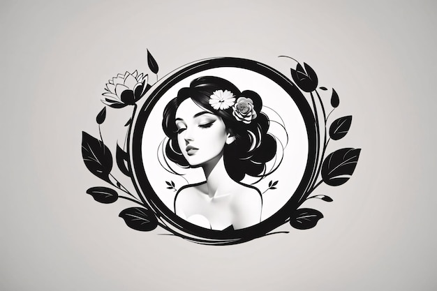 Black and white lady woman flat illustration in circle logo portrait with flower botanical element