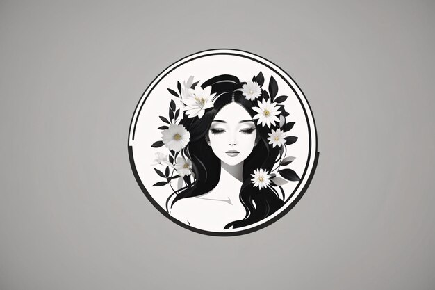 Photo black and white lady woman flat illustration in circle logo portrait with flower botanical element