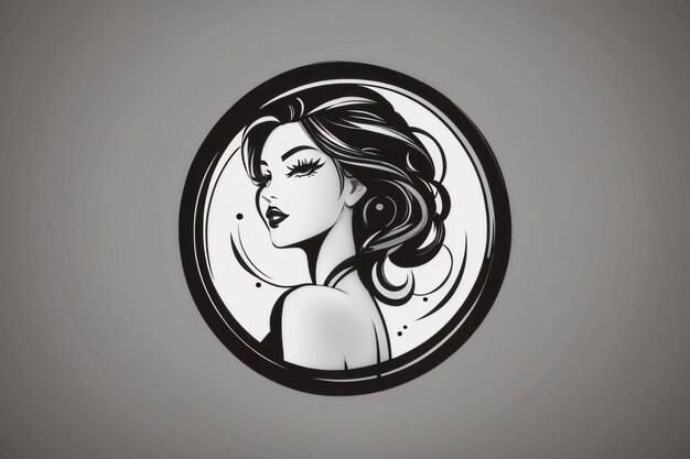 Photo black and white lady woman flat illustration in circle logo portrait with flower botanical element