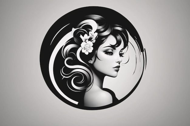 Черно-белая женщина плоская иллюстрация в круге портрет логотипа с цветочным ботаническим элементом