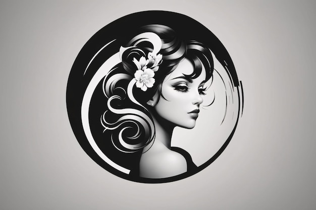 Black and white lady woman flat illustration in circle logo portrait with flower botanical element