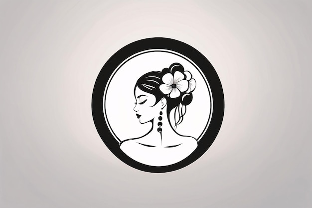 Black and white lady woman flat illustration in circle logo portrait with flower botanical element