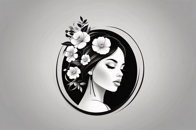 Black and white lady woman flat illustration in circle logo portrait with flower botanical element