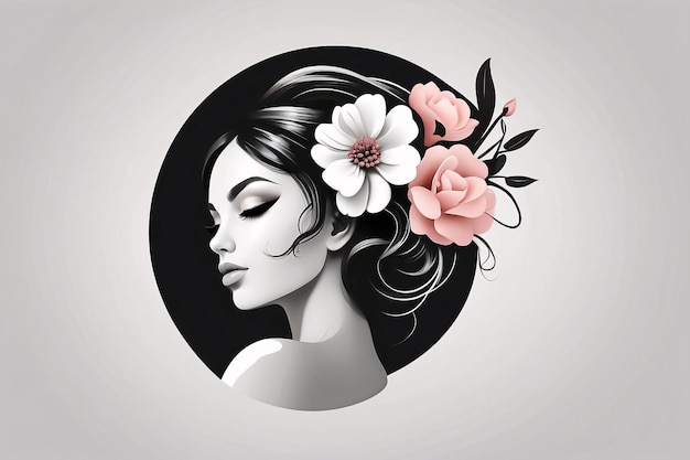 Black and white lady woman flat illustration in circle logo portrait with flower botanical element