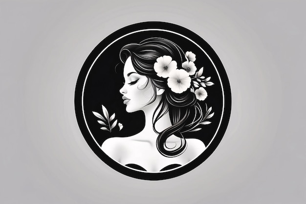 Black and white lady woman flat illustration in circle logo portrait with flower botanical element
