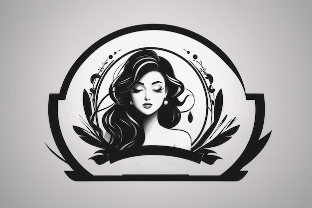 Photo black and white lady woman flat illustration in circle logo portrait with flower botanical element