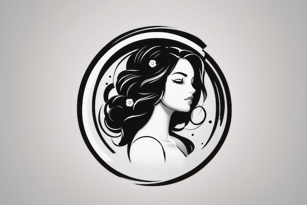 Photo black and white lady woman flat illustration in circle logo portrait with flower botanical element