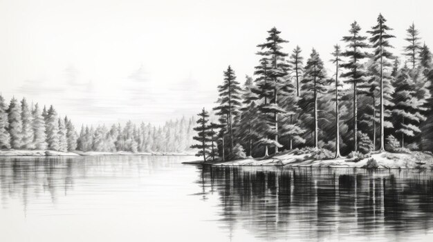 Photo black and white lake drawing airbrushed american scene painting in 8k resolution